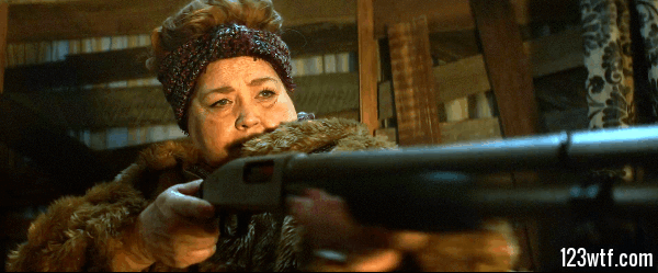 Krampus 22 GIF Aunt Dorothy shoots up (WTF Watch The Film Saint Pauly)